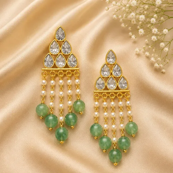 14_Ct_Polki_Handmade_Gold_Plated_Kundan_Green_Bead_Pearl_Chandelier_Earrings_For_Women