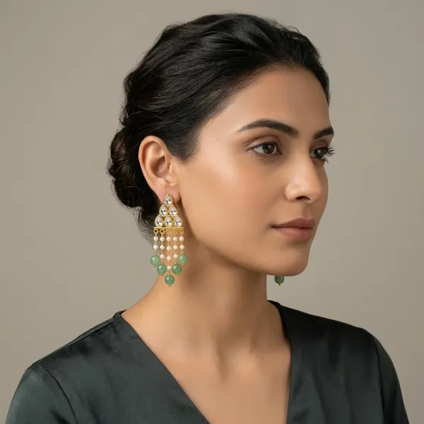 14_Ct_Polki_Handmade_Gold_Plated_Kundan_Green_Bead_Pearl_Chandelier_Earrings_For_Women