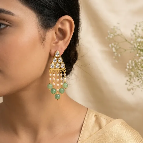 14_Ct_Polki_Handmade_Gold_Plated_Kundan_Green_Bead_Pearl_Chandelier_Earrings_For_Women