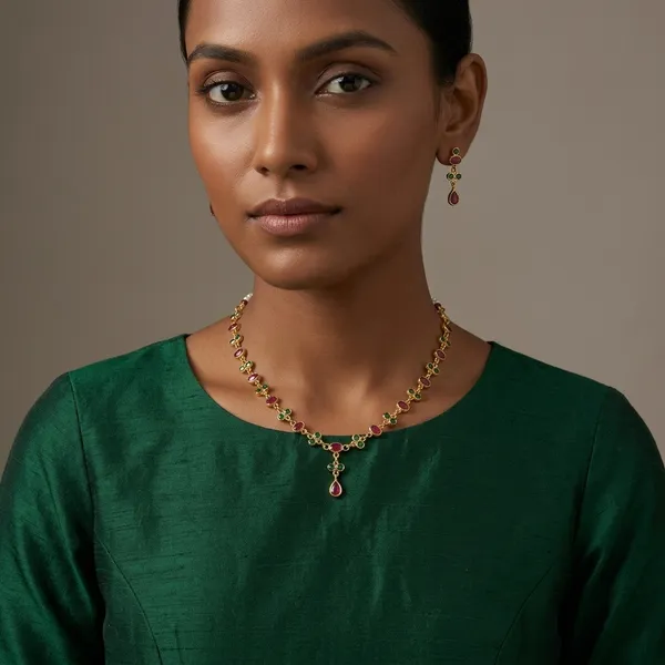 14_Ct_Polki_Handmade_Gold-Toned_Multicolor_Stone_Necklace_With_Earrings_Set
