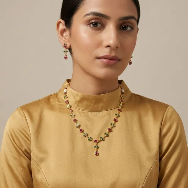 14_Ct_Polki_Handmade_Gold-Toned_Multicolor_Stone_Necklace_With_Earrings_Set