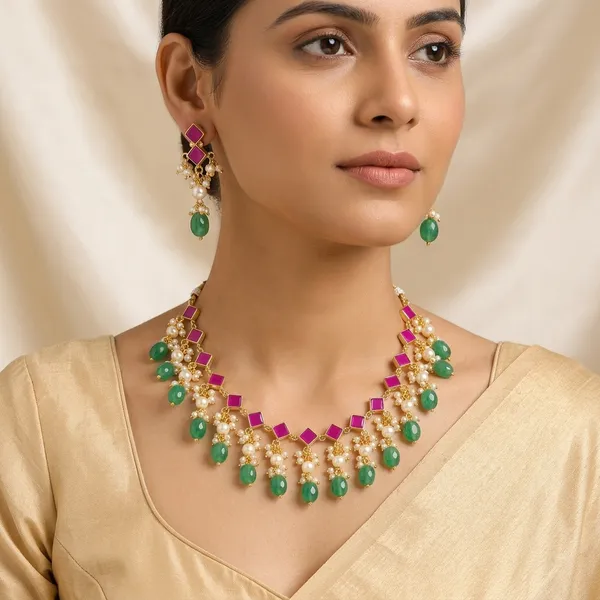14_Ct_Polki_Handmade_Gold_Plated_Green_And_Pink_Stone_Pearl_Necklace_Set_For_Women