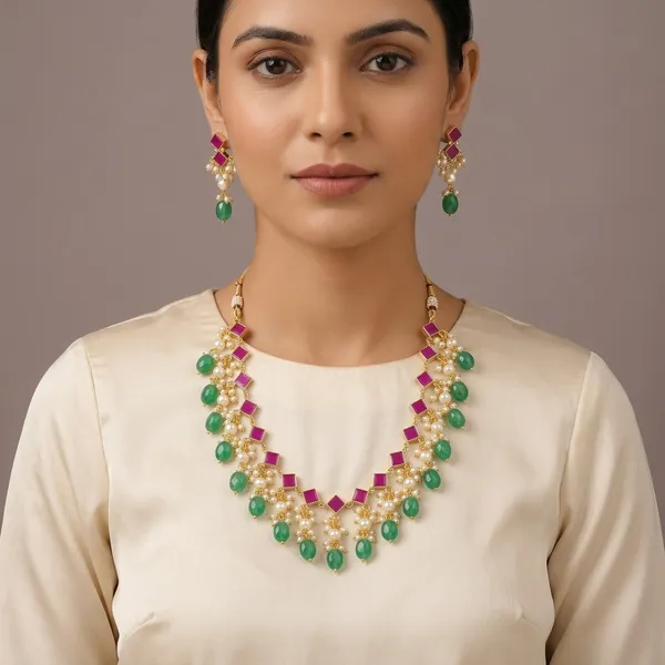14_Ct_Polki_Handmade_Gold_Plated_Green_And_Pink_Stone_Pearl_Necklace_Set_For_Women