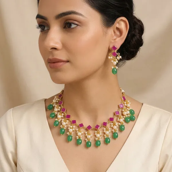 14_Ct_Polki_Handmade_Gold_Plated_Green_And_Pink_Stone_Pearl_Necklace_Set_For_Women