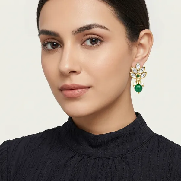 14_Ct_Polki_Handmade_Gold_Plated_Green_Stone_Pearl_Drop_Earrings_For_Women