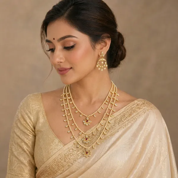 14_Ct_Polki_Handmade_Gold_Plated_Multi_Layered_Necklace_Set_With_Earrings