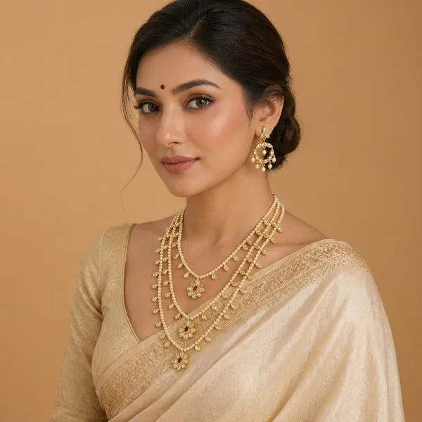 14_Ct_Polki_Handmade_Gold_Plated_Multi_Layered_Necklace_Set_With_Earrings