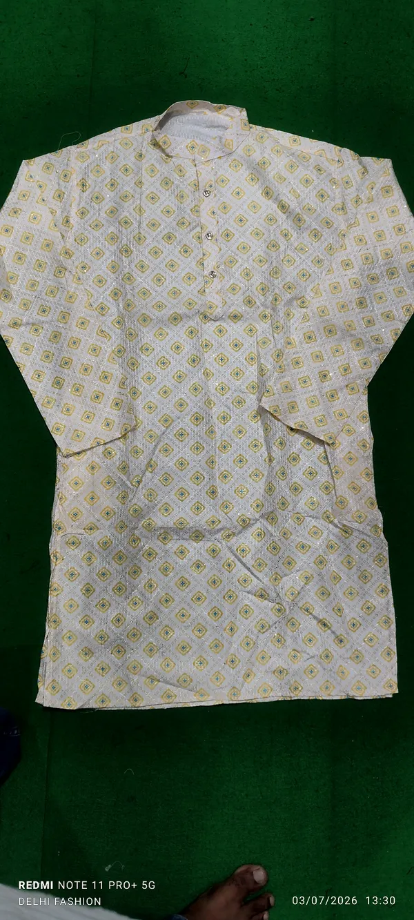 Cream_Printed_Short_Sleeve_Kurta_for_Men
