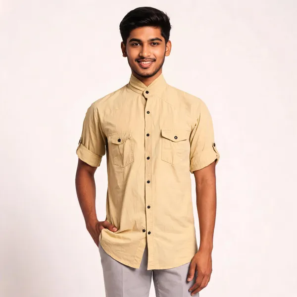 Yellow_Cotton_Twill_Half_Sleeve_Shirt_For_Men