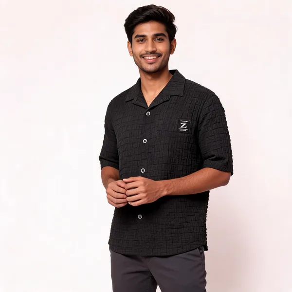 Black_Popcorn_Fabric_Half_Sleeve_Shirt_For_Men