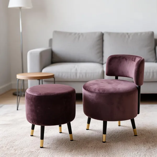 Velvet_Round_Brown_Accent_Chair_With_Stool_Set