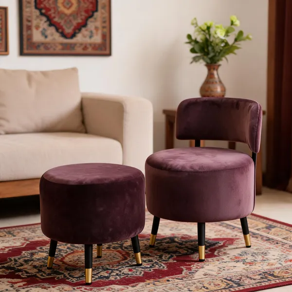 Velvet_Round_Brown_Accent_Chair_With_Stool_Set