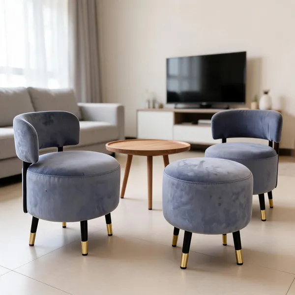 Velvet_Foam_Round_Two_Chairs_With_Stool_Grey
