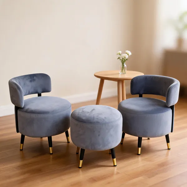 Velvet_Foam_Round_Two_Chairs_With_Stool_Grey