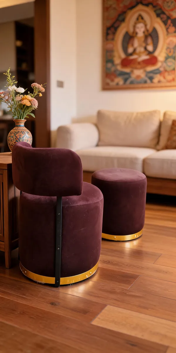 Velvet_Foam_Round_Single_Chair_With_Stool_Brown_