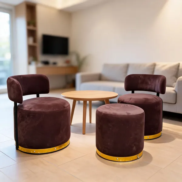 Velvet_Round_Brown_Two_Accent_Chairs_With_Stool