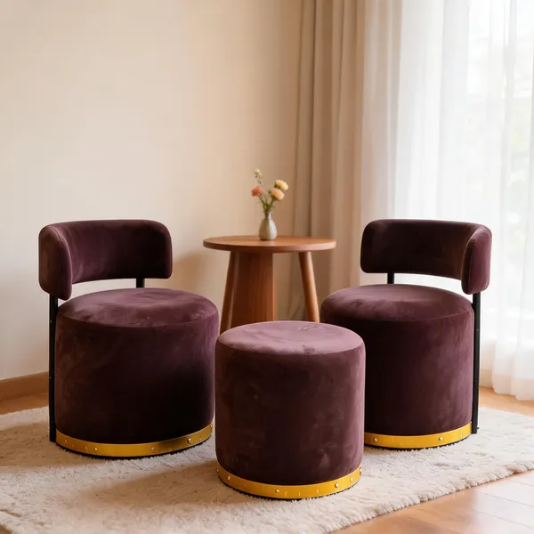 Velvet_Round_Brown_Two_Accent_Chairs_With_Stool