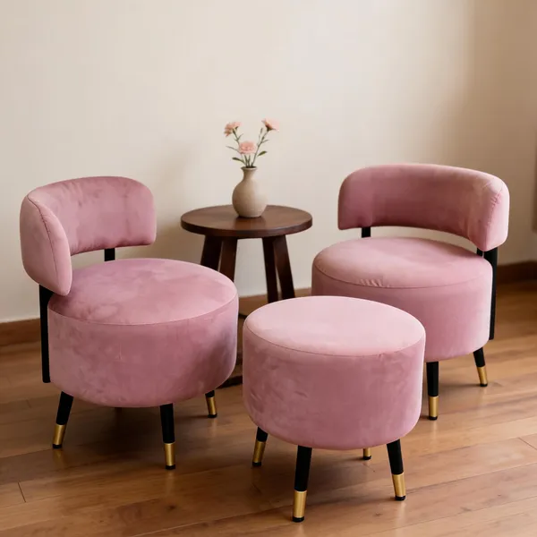 Velvet_Round_Pink_Two_Accent_Chairs_With_Stool