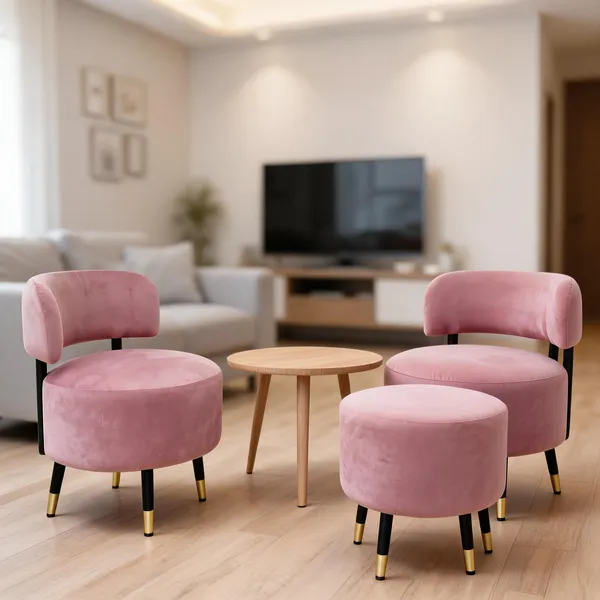 Velvet_Round_Pink_Two_Accent_Chairs_With_Stool
