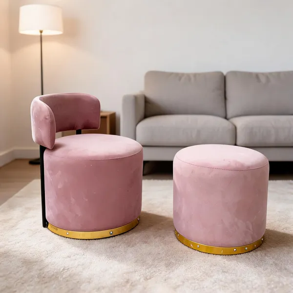 Velvet_Foam_Round_Single_Chair_With_Stool_Pink