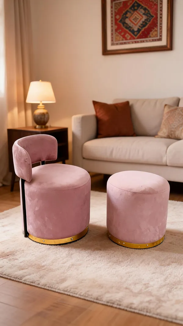 Velvet_Foam_Round_Single_Chair_With_Stool_Pink