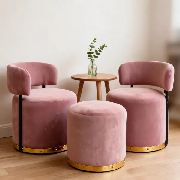 Velvet_Round_Pink_Two_Accent_Chairs_With_Stool