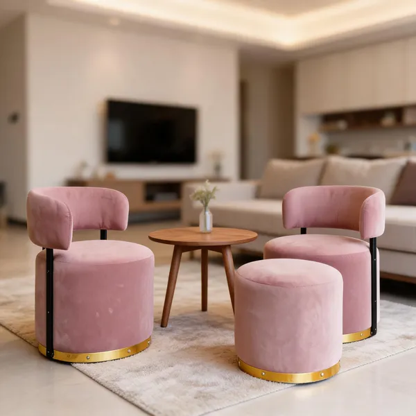 Velvet_Round_Pink_Two_Accent_Chairs_With_Stool