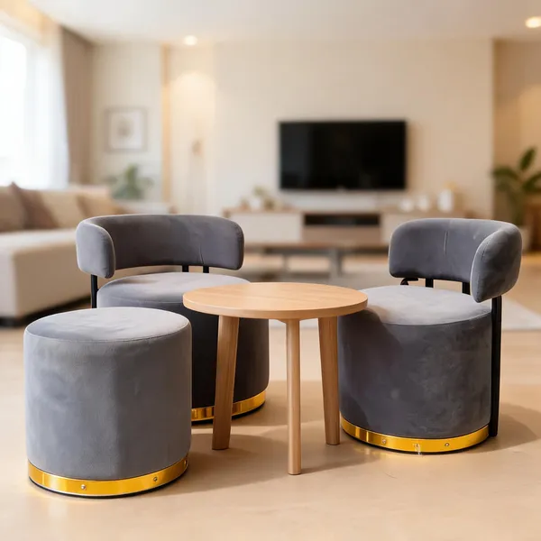 Velvet_Foam_Round_Two_Chairs_With_Stool_Grey