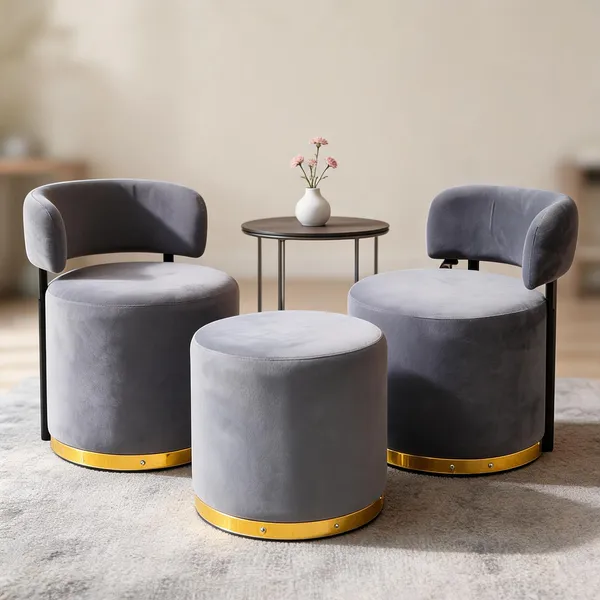 Velvet_Foam_Round_Two_Chairs_With_Stool_Grey