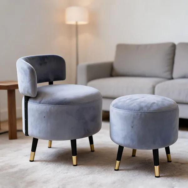 Velvet_Round_Grey_Accent_Chair_With_Stool_Set
