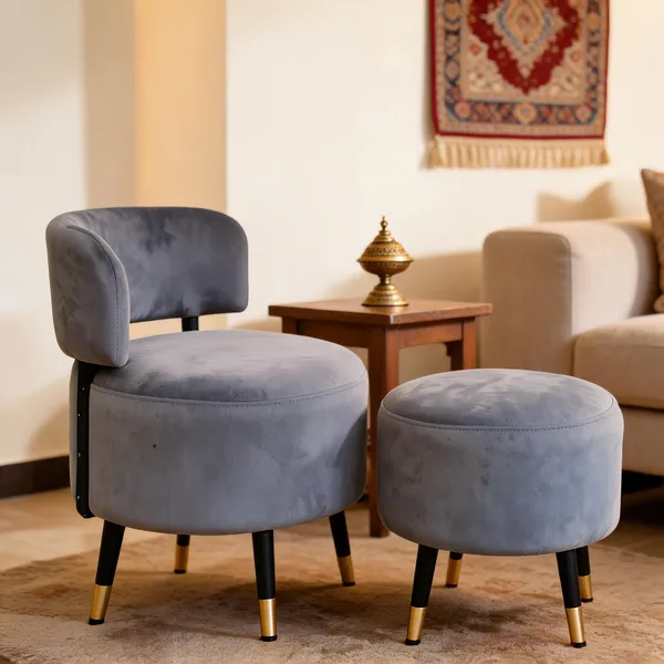 Velvet_Round_Grey_Accent_Chair_With_Stool_Set