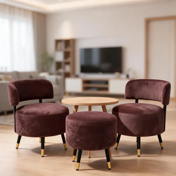 Velvet_Round_Brown_Two_Accent_Chairs_With_Stool