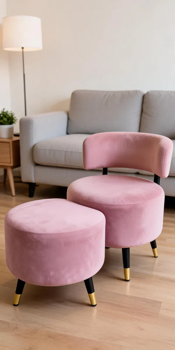 Velvet_Foam_Round_Single_Chair_With_Stool_Pink