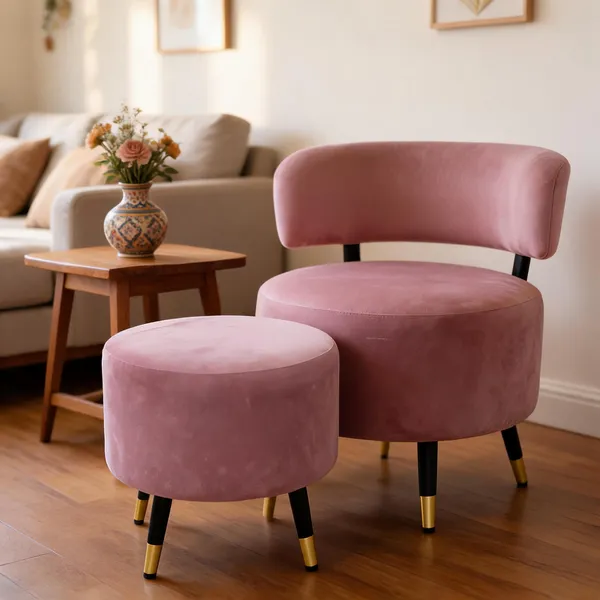 Velvet_Foam_Round_Single_Chair_With_Stool_Pink