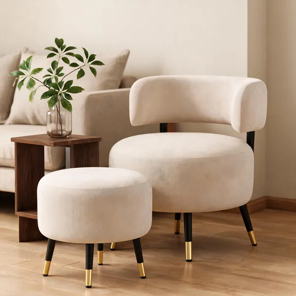 Velvet_Foam_Round_Single_Chair_With_Stool_Off_White
