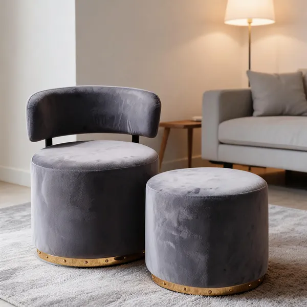 Velvet_Foam_Round_Single_Chair_With_Stool_Grey