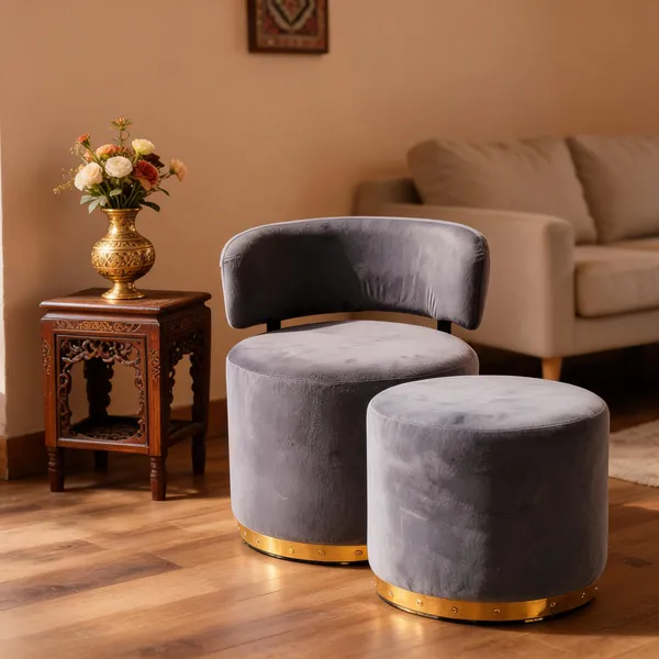 Velvet_Foam_Round_Single_Chair_With_Stool_Grey