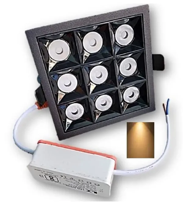 _18W_(9_x_2W)_Indoor_Square_Linear_Light_for_Ceiling,_Spotlight_with_Black_Reflector_and_Black_Body_(18W,_Warm_White_-_3000K)