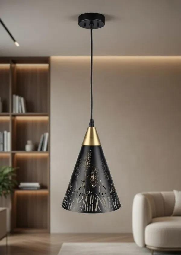 _Cone_Shape_Pendant_Light,_Black_Metal_Inverted_Cone_Hanging_Ceiling_Lamp_with_with_E27_Holder_and_3in1_Bulb_for_Living_Room
