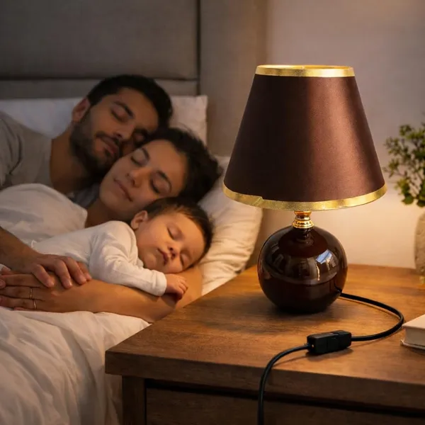 3-in-1_Bedside_Table_Lamp_with_Brown_Fabric_Shade
