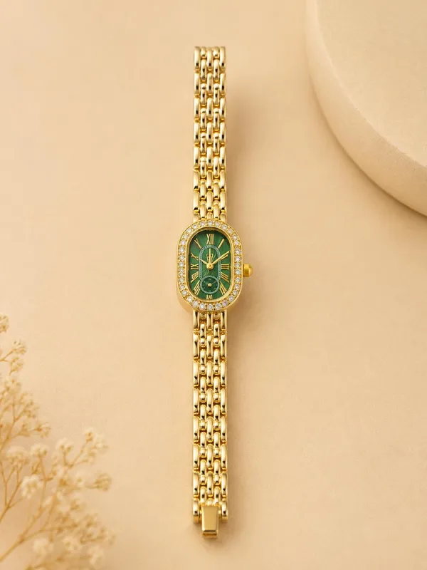 Gold_Plated_Designer_Vintage_Watch_with_stones_-_Green_Dial_for_women