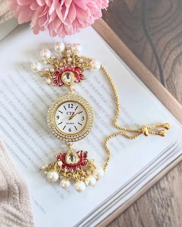 Gold_Plated_Magenta_Pink_Lotus_Kashmiri_Watch_for_women