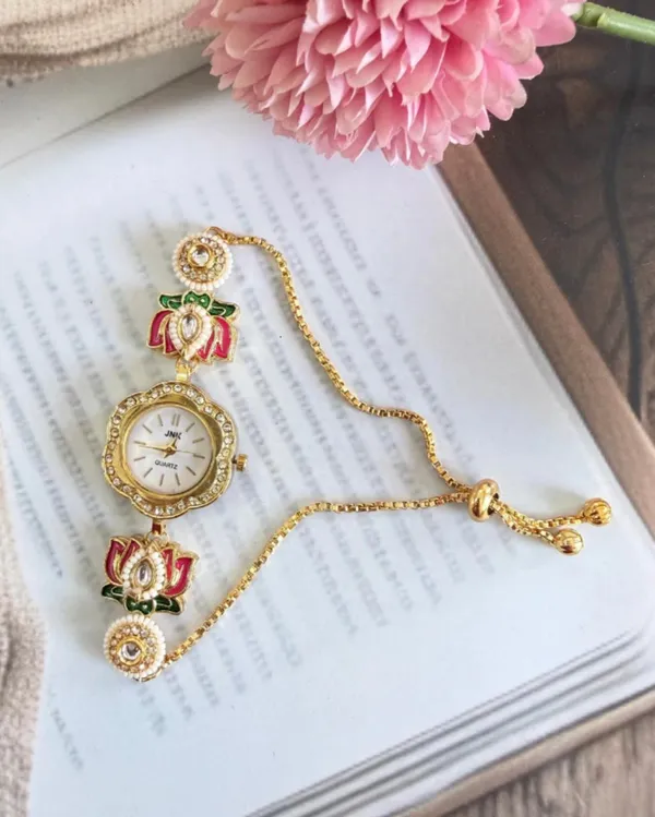 Gold_Plated_Red_and_Green_Lotus_Kashmiri_Watch_for_women