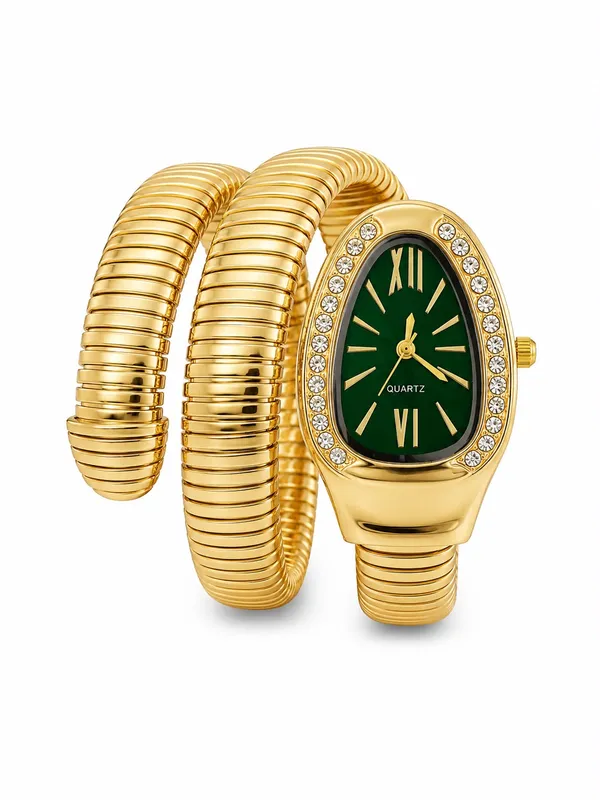 Gold_Plated_Serpentine_Watch_with_Green_Dial_for_Women