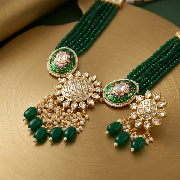 Green_And_Golden_Meenakari_Moissanite_Temple_Necklace_For_Women