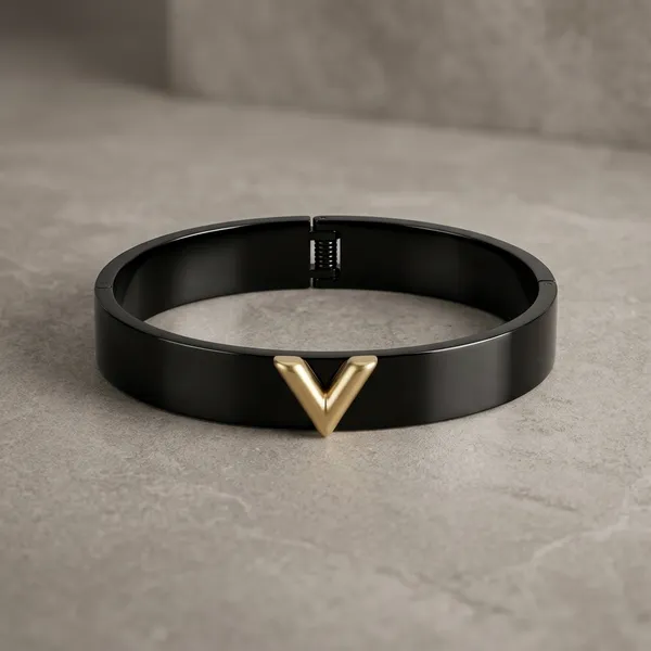 Golden_Stainless_Steel_Black_Enamel_V-Design_Bracelet_For_Women