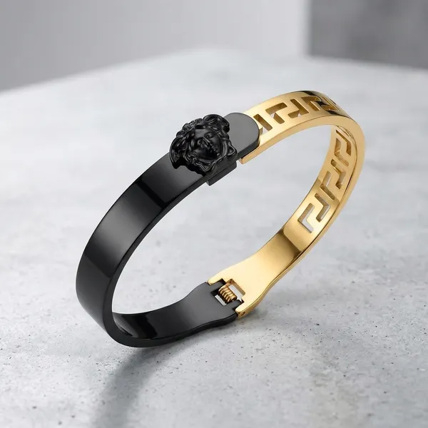 Golden_Stainless_Steel_Black_Enamel_Mask_Design_Bracelet_For_Women