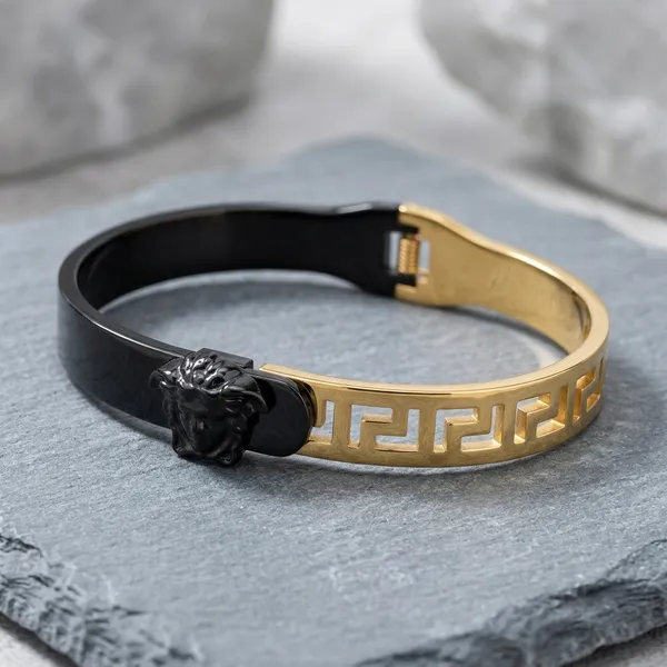 Golden_Stainless_Steel_Black_Enamel_Mask_Design_Bracelet_For_Women
