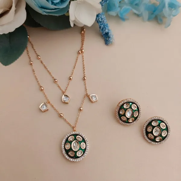 Green_Brass_Enamel_Kundan_Rose_Gold_Layered_Necklace_Set_For_Women