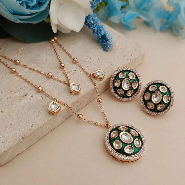 Green_Brass_Enamel_Kundan_Rose_Gold_Layered_Necklace_Set_For_Women